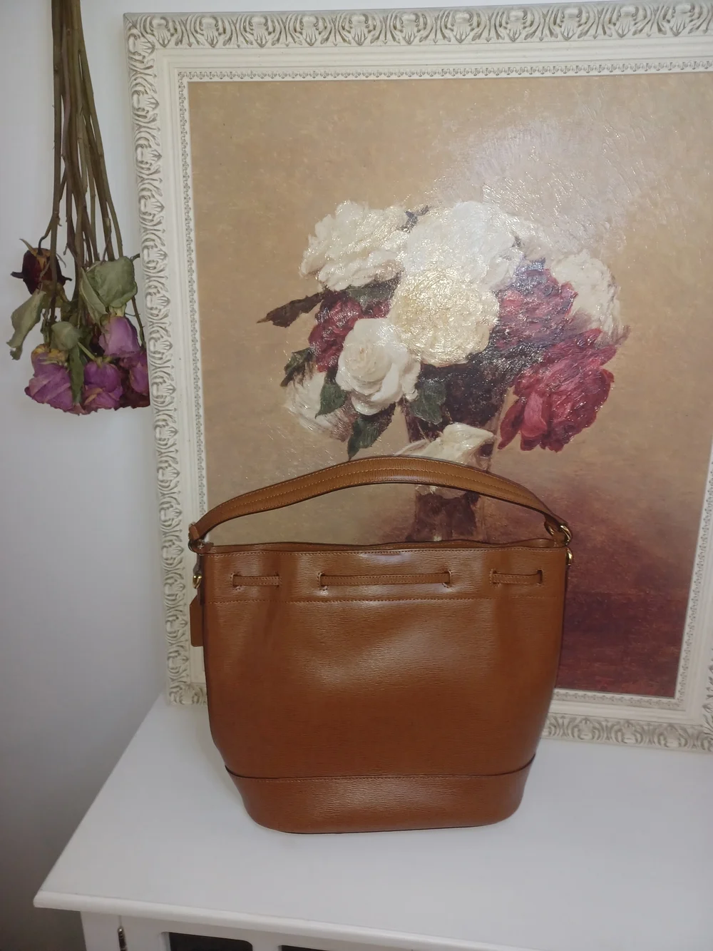 Lauren Ralph Lauren Brown Leather Drawstring Satchel with Gold Hardware